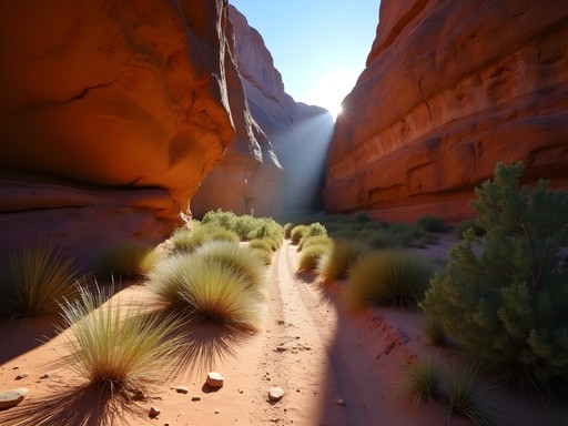 Secluded trail in Simon Canyon with ancient petroglyphs visible on red rock walls