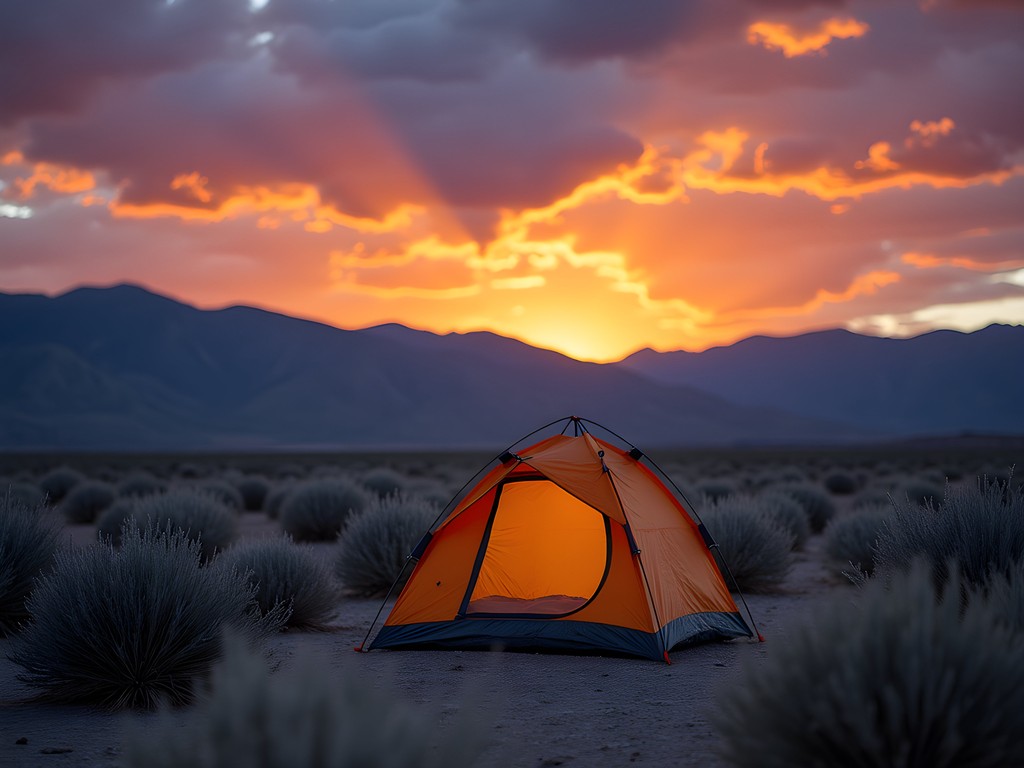 Budget camping setup on BLM land near Fernley with dramatic sunset