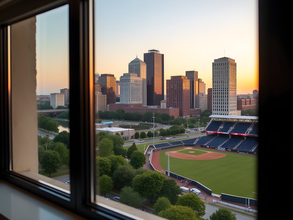 View of downtown Fort Wayne from hotel room showing city skyline and river