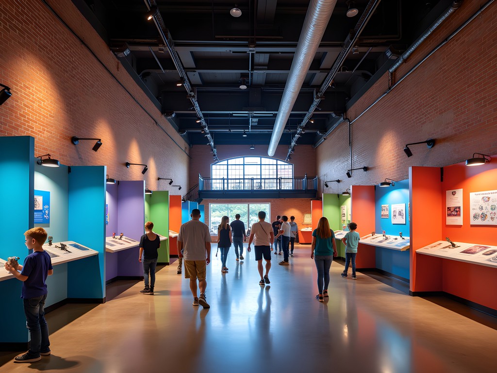 Interactive exhibits at Science Central in Fort Wayne with families engaging with hands-on displays