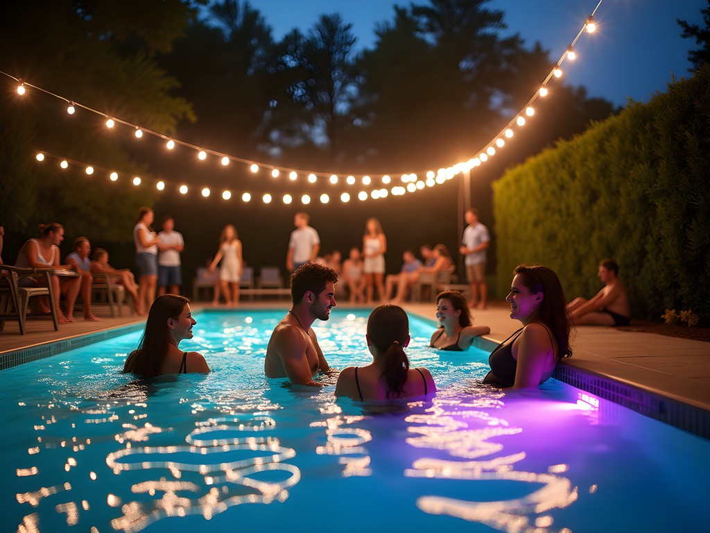 Adults enjoying the Water Park After Dark event in Gaithersburg with lights and music