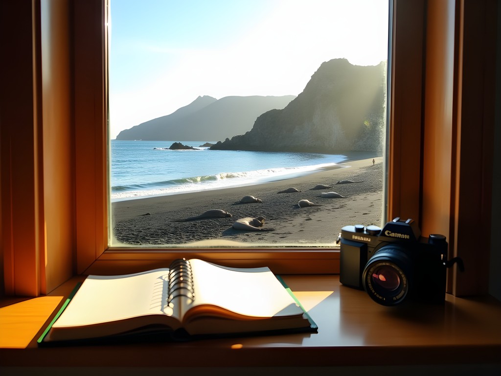 View from budget guesthouse on Isabela Island showing beach and marine iguanas