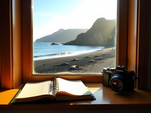 View from budget guesthouse on Isabela Island showing beach and marine iguanas