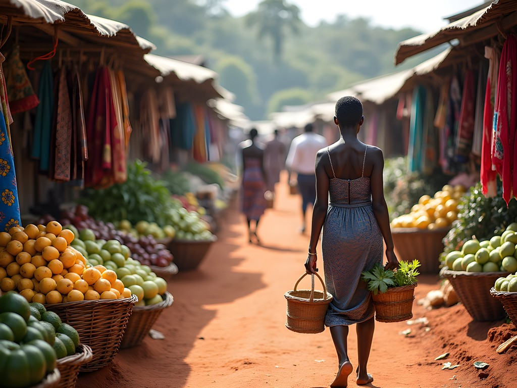 Bustling morning market in Ganta with colorful fabrics and local produce