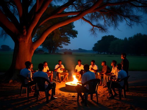 Evening palm wine gathering under mango trees in Ganta