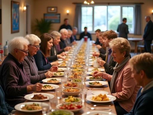 Multicultural community potluck dinner in Palmerston North with diverse families sharing food
