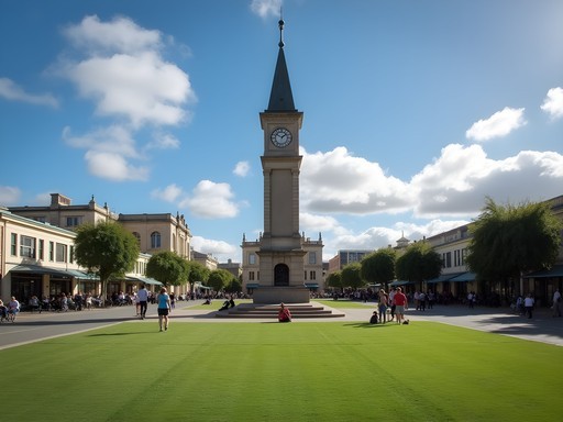 The Square in central Palmerston North with Clock Tower and locals relaxing