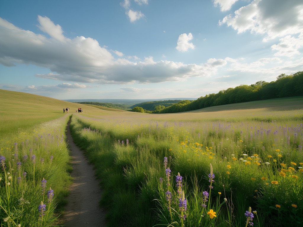 Wildflower meadow in Glasgow Regional Park with families enjoying nature trails