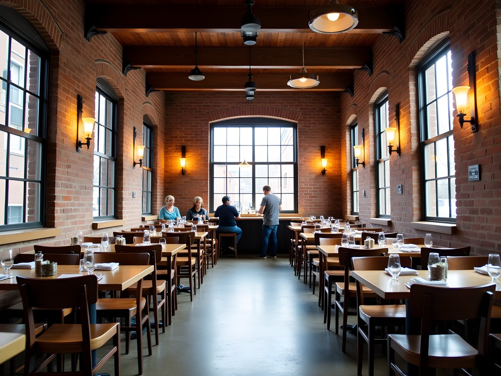 Interior of Grain Craft Bar + Kitchen showing preserved historic architectural elements and modern dining space
