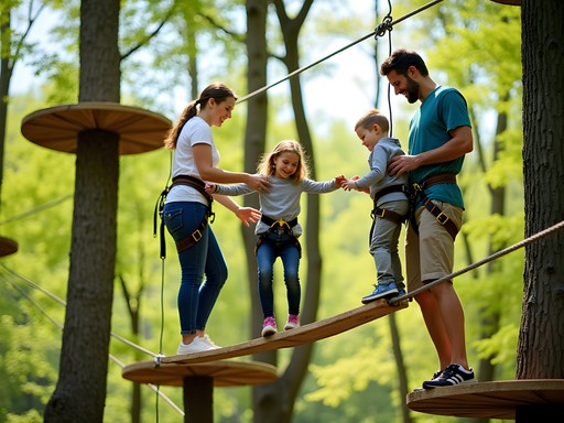 Family navigating treetop adventure course at Lums Pond State Park near Glasgow