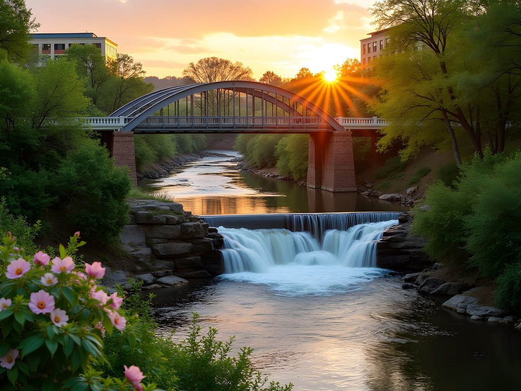 Liberty Bridge over Reedy River Falls at sunset in downtown Greenville