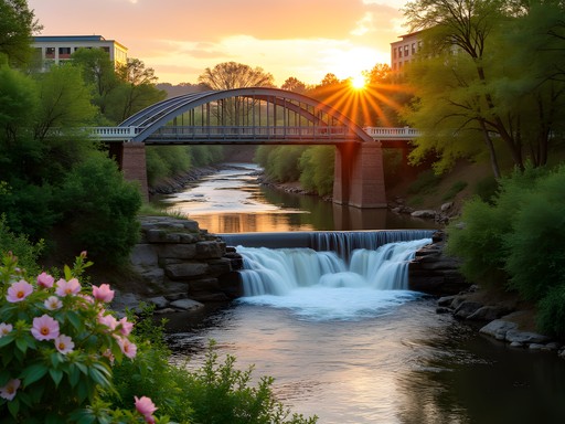 Liberty Bridge over Reedy River Falls at sunset in downtown Greenville