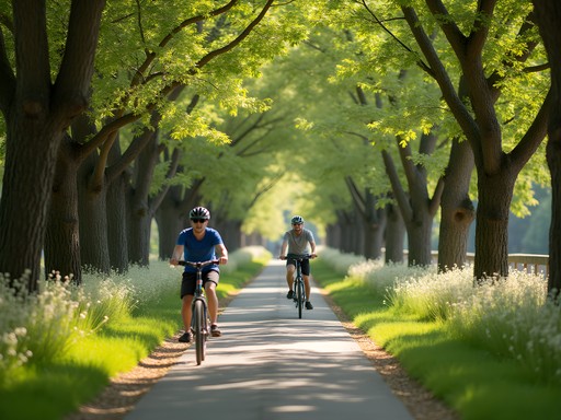 Family cycling on the tree-lined Swamp Rabbit Trail in Greenville during spring