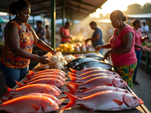 Early morning at Honiara Central Market with fresh fish displays and local vendors