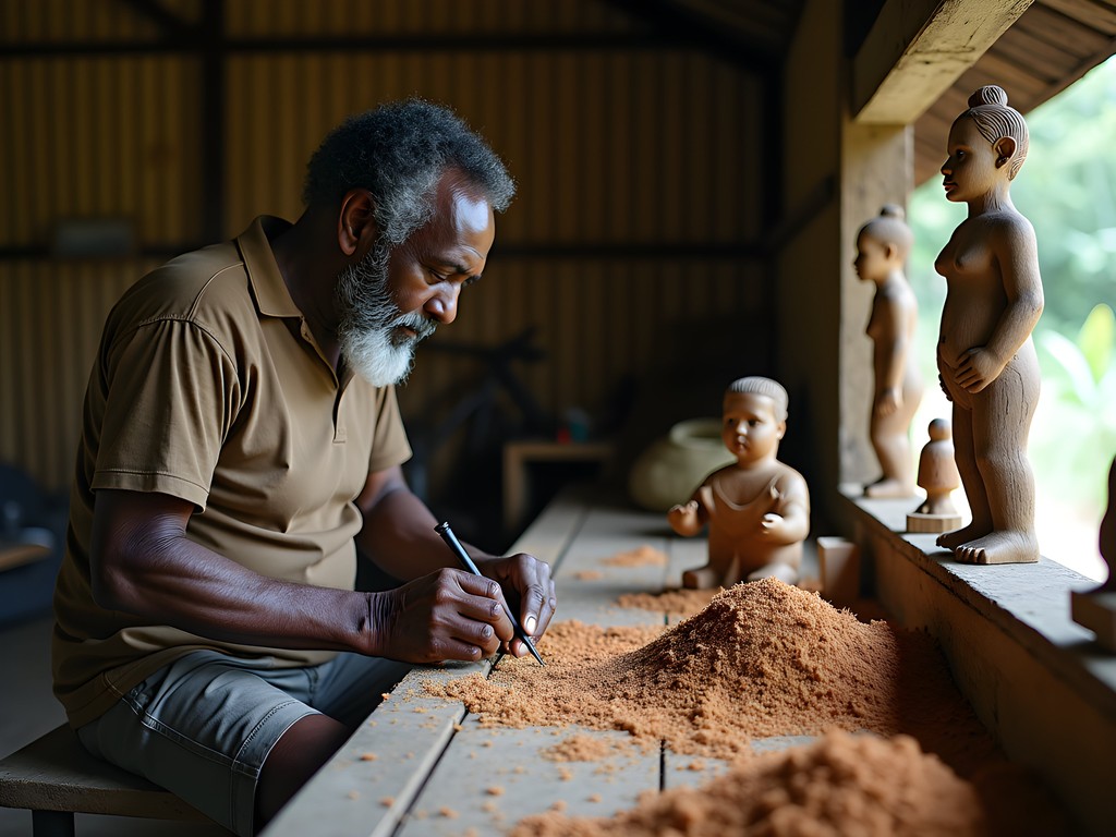 Solomon Islands master woodcarver demonstrating traditional techniques in family workshop