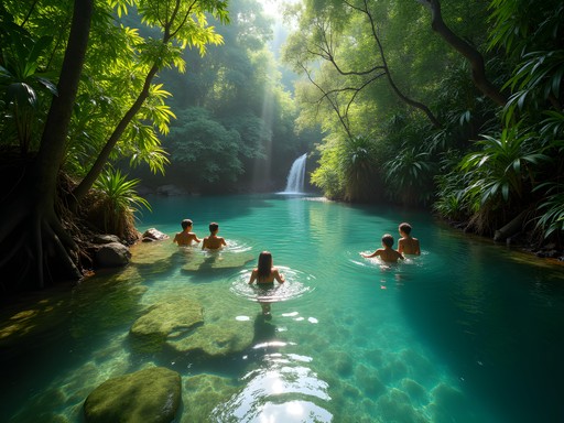 Secluded swimming hole at Tenaru Falls with Solomon Islanders enjoying the crystal clear water