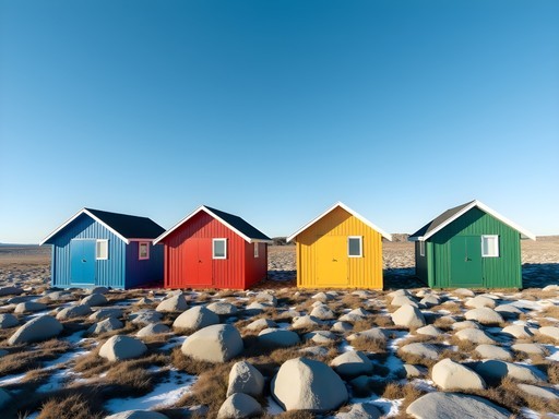 Colorful houses of Iqaluit nestled against rocky tundra landscape