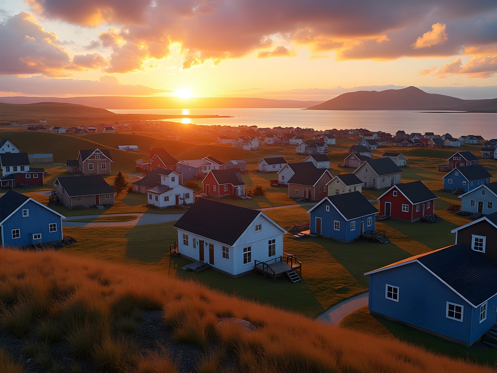 Sunset over Frobisher Bay with Iqaluit buildings silhouetted against orange sky