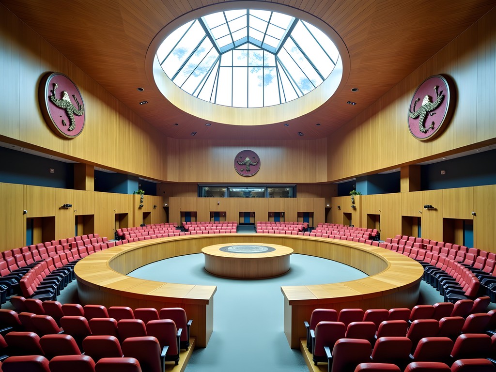 Interior of Nunavut Legislative Assembly showing Inuit art and architecture
