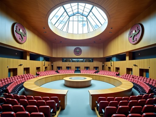 Interior of Nunavut Legislative Assembly showing Inuit art and architecture