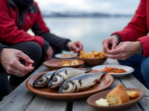Traditional Inuit food sharing on the land outside Iqaluit