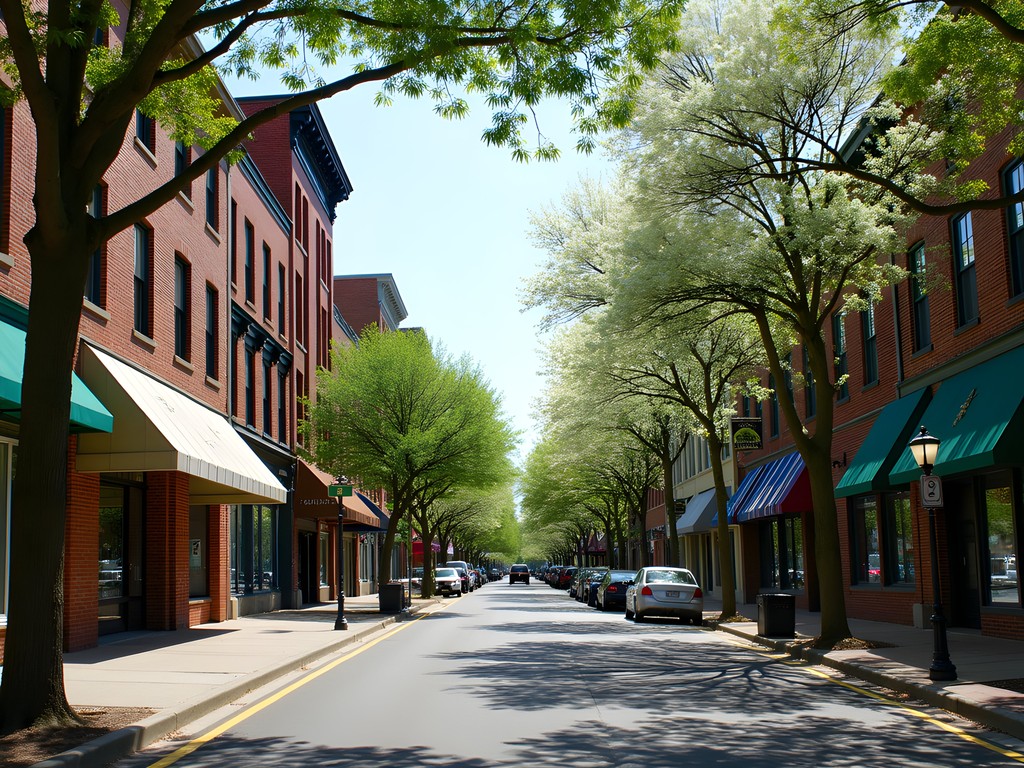 Downtown Jackson Mississippi street scene with historic buildings and spring flowers