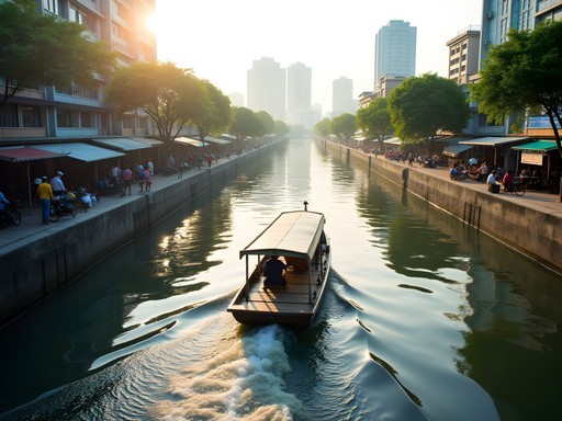 Local ojek perahu boat taxi navigating through Jakarta's lesser-known canal system with cityscape backdrop