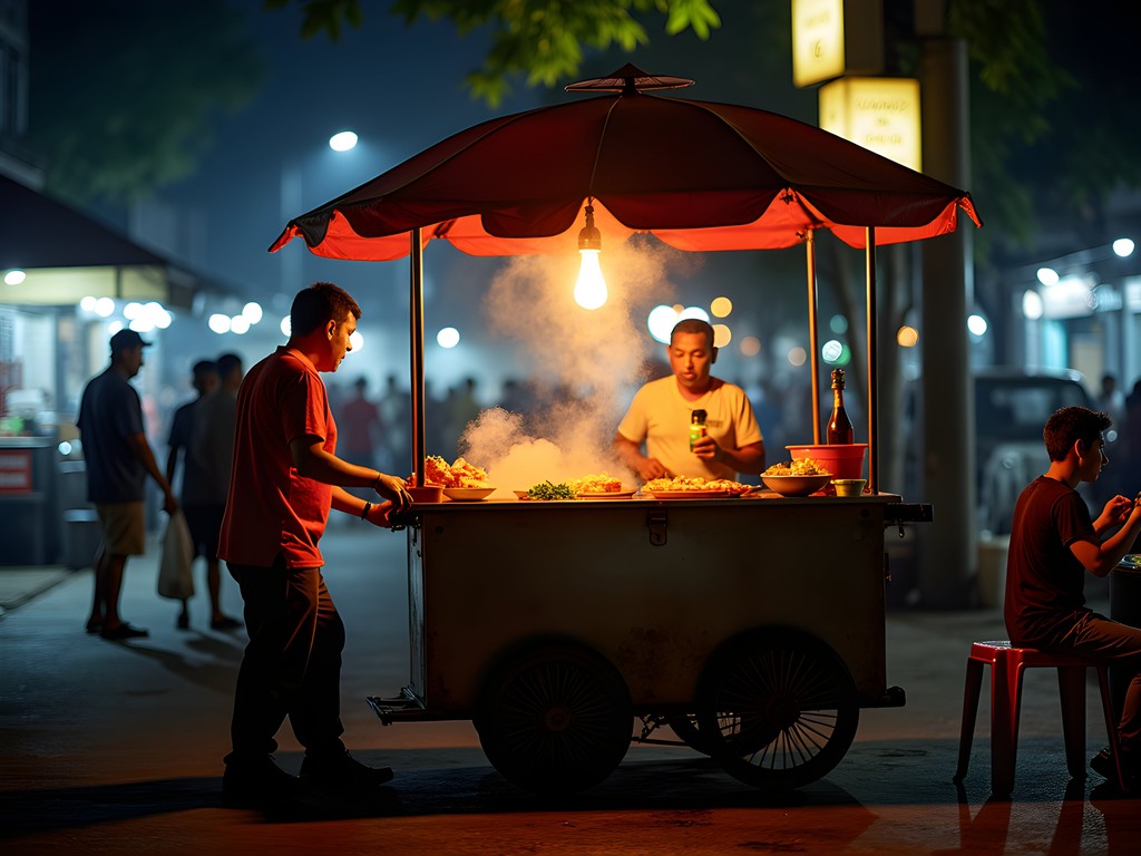 Atmospheric night scene of Jakarta kaki lima food carts with glowing lights and local diners