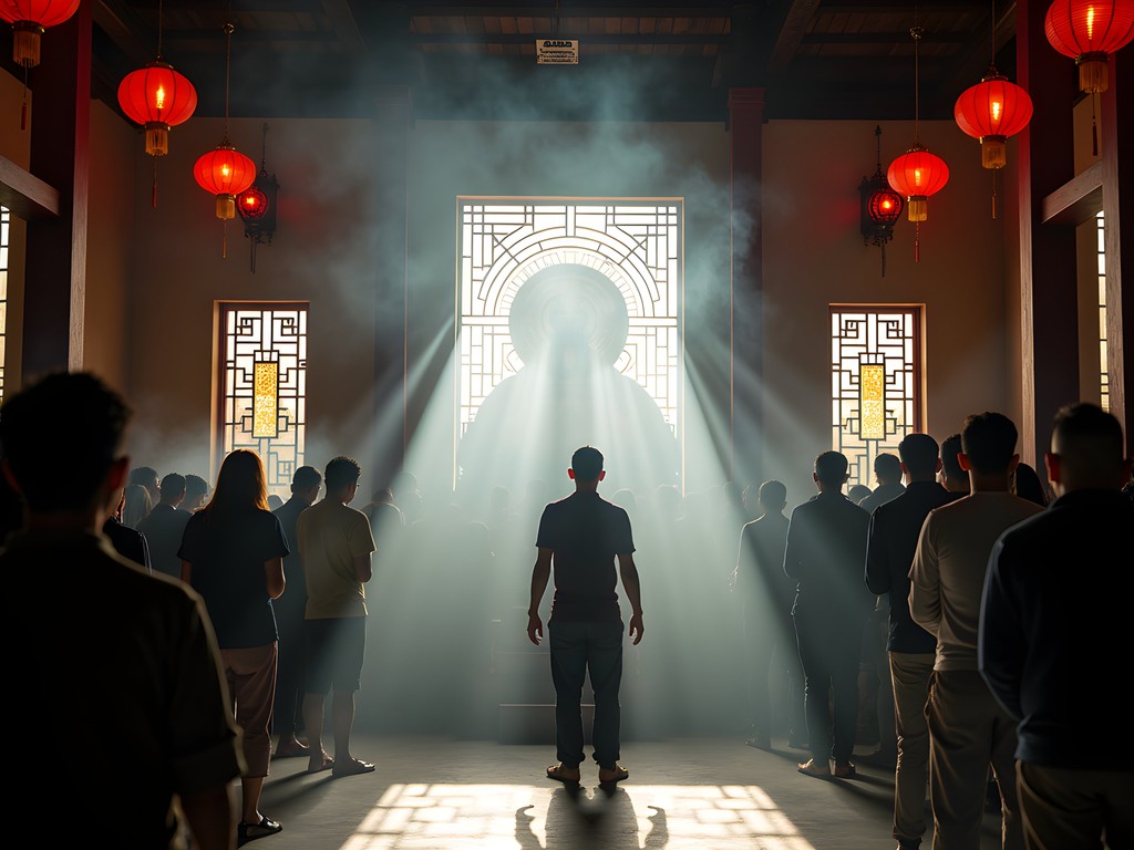Atmospheric morning scene at Jin De Yuan temple in Jakarta's Petak Sembilan Chinatown with incense smoke and worshippers