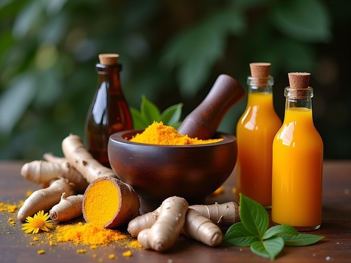 Traditional jamu herbal medicine preparation with fresh turmeric, ginger and herbs at Rumah Air wellness center in Jakarta