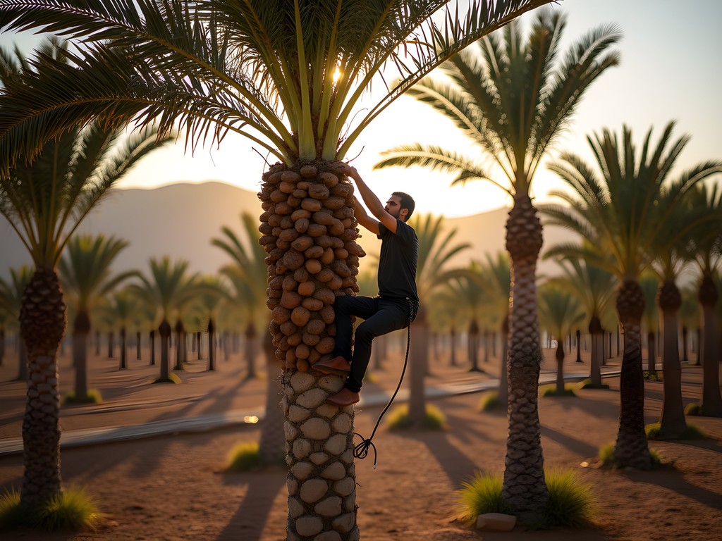 Palestinian farmer harvesting dates from tall palm tree in Jericho plantation