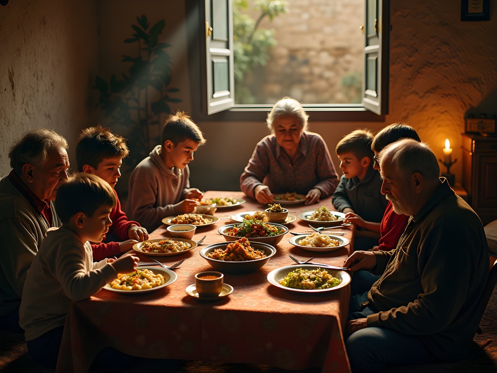Multi-generational Palestinian family sharing traditional dinner on floor mat in Jericho home