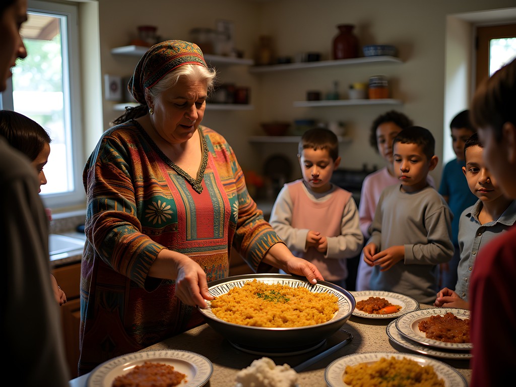 Palestinian woman teaching traditional maqluba cooking in home kitchen in Jericho