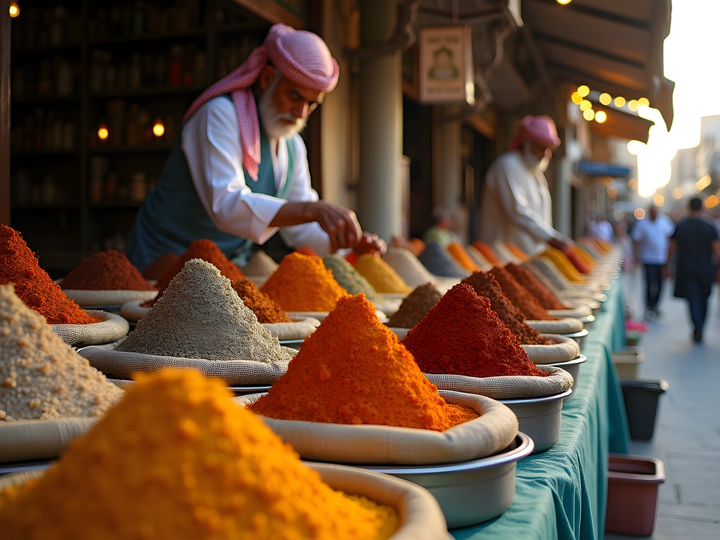 Colorful spice display at Jericho market with Palestinian vendor