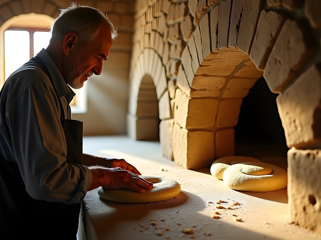 Palestinian man making traditional taboon bread in clay oven in Jericho