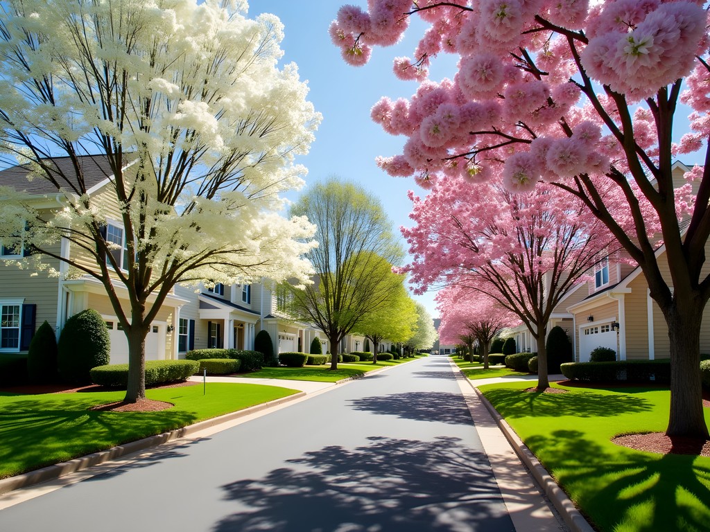 Tree-lined residential street in Johns Creek with dogwood and cherry trees in full bloom