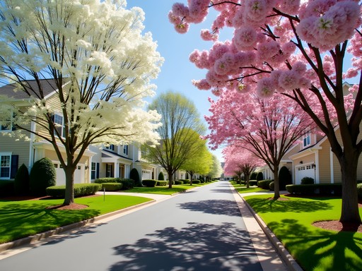 Tree-lined residential street in Johns Creek with dogwood and cherry trees in full bloom