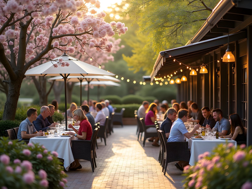 Outdoor dining at a restaurant in Johns Creek with flowering trees in background