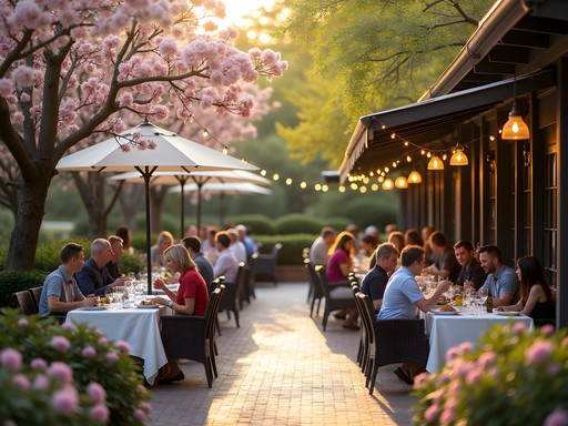 Outdoor dining at a restaurant in Johns Creek with flowering trees in background