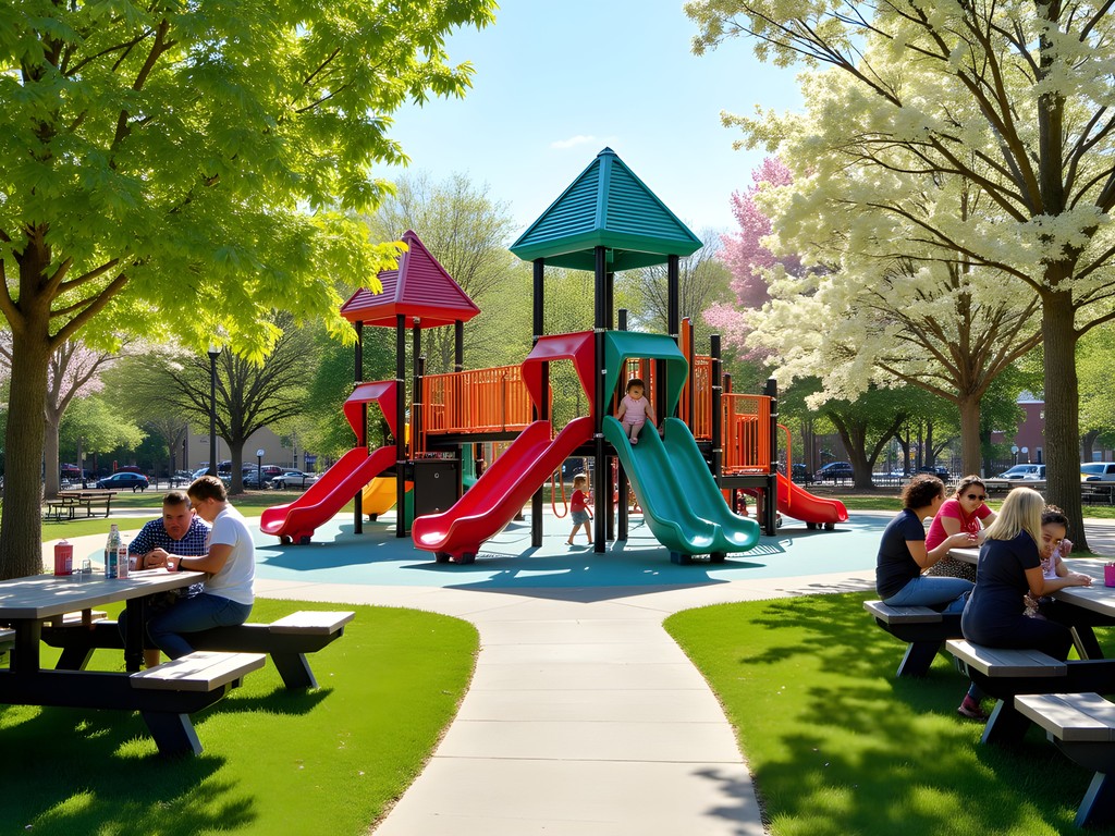 Children playing at Newtown Park playground in Johns Creek with families enjoying picnic area