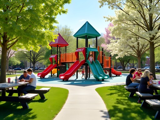 Children playing at Newtown Park playground in Johns Creek with families enjoying picnic area