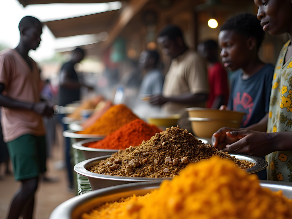 Vibrant food stalls at Kaduna Central Market with colorful Nigerian dishes and spices