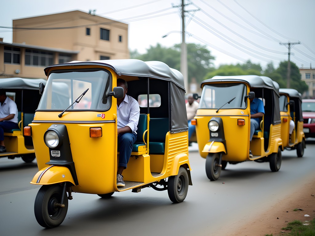 Yellow keke napep auto rickshaws navigating through busy Kaduna streets