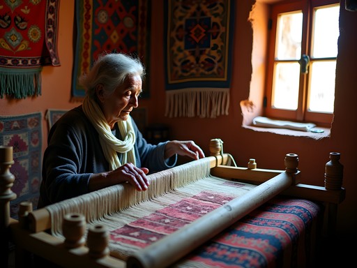 Local woman demonstrating traditional carpet weaving techniques in Kairouan workshop