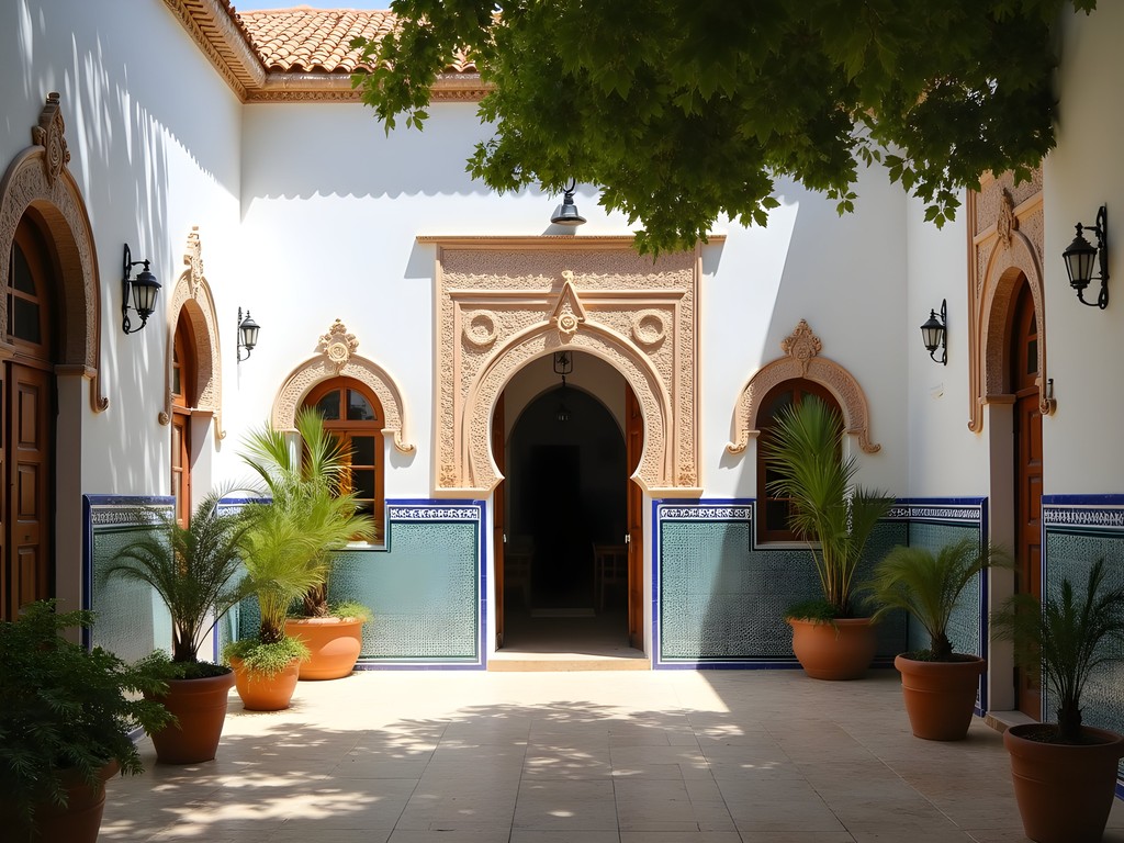Quiet courtyard in lesser-known zaouia in Kairouan with intricate Islamic architecture