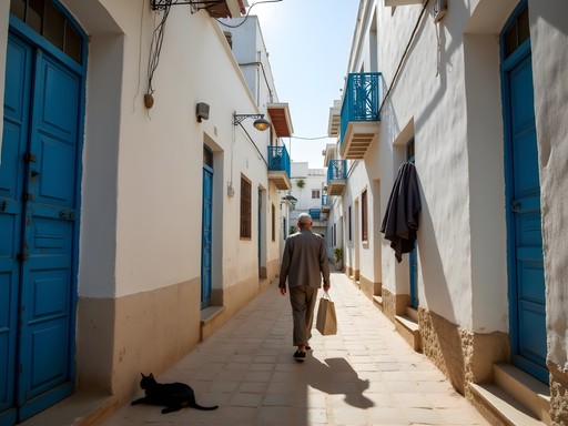 Narrow alleyway in Kairouan medina with locals going about daily life