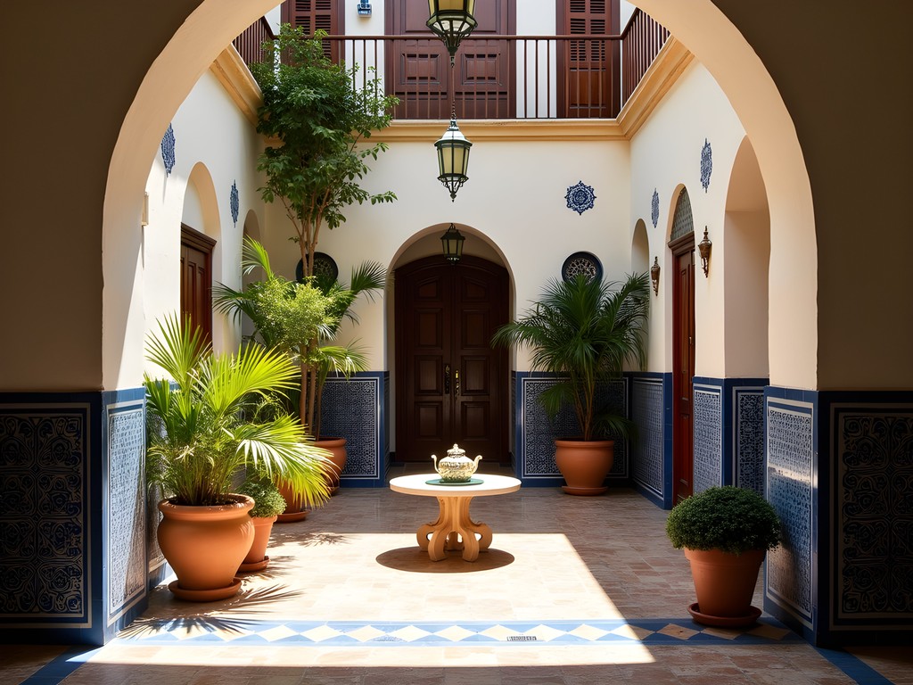 Traditional riad courtyard in Kairouan with morning light streaming in
