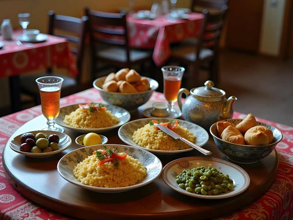 Traditional Tunisian meal spread in a local Kairouan home