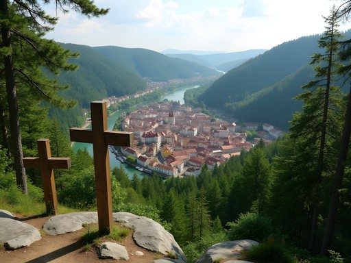 Hidden forest viewpoint over Karlovy Vary showing colorful buildings and river
