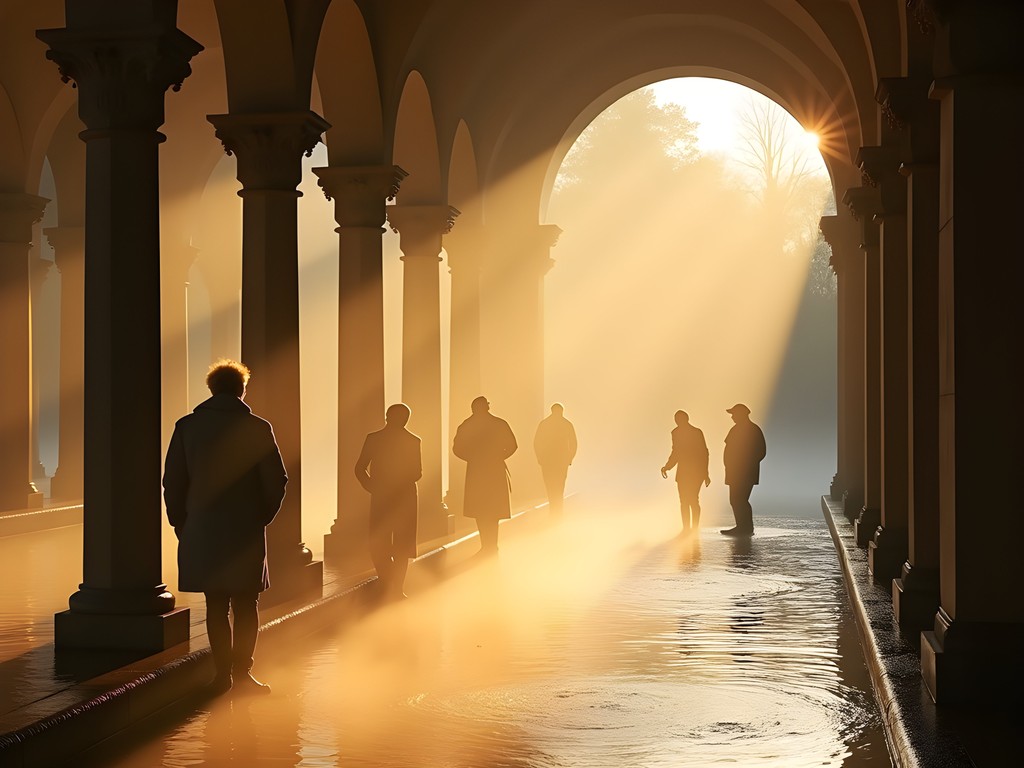 Early morning light at Mill Colonnade in Karlovy Vary with locals collecting thermal water